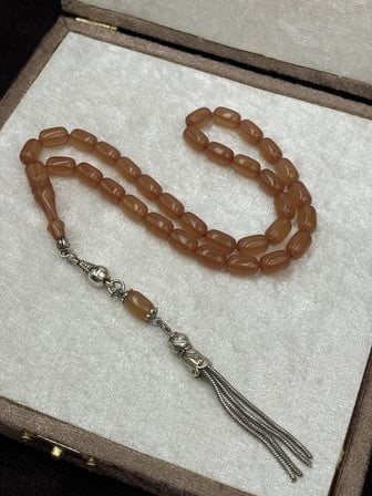 Alpaka Zincir Püsküllü Kapsül Kesim Turuncu Ateş Kehribar Tesbih (7x11 mm)