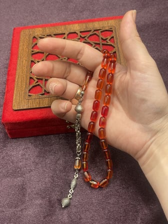 Alpaka Kral Zincir Püsküllü Turuncu Tonları Ateş Kehribar Tesbih (7x11 mm)