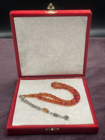 Alpaka Kral Zincir Püsküllü Turuncu Tonları Ateş Kehribar Tesbih (7x11 mm)