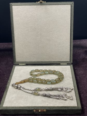 Alpaka Çift Kamçılı Sedef Simli Ateş Kehribar Tesbih (Bal-Nane, 7x11 mm)