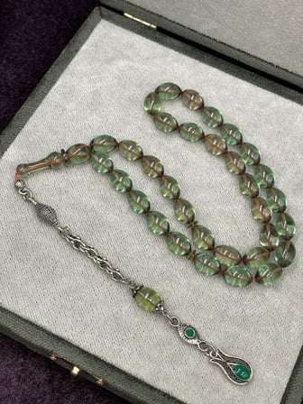 Alpaka Lale Uçlu Arpa Kesim Zar Renginde Ateş Kehribar Tesbih (7x11 mm)