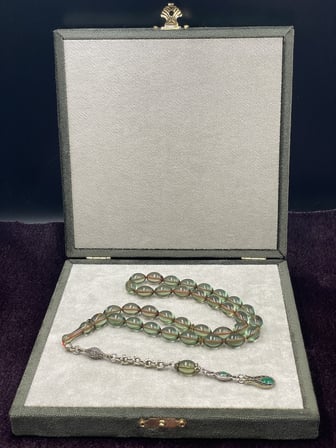 Alpaka Lale Uçlu Arpa Kesim Zar Renginde Ateş Kehribar Tesbih (7x11 mm)