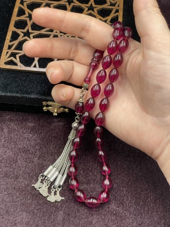 Alpaka Dört Kollu Püsküllü Arpa Kesim Mürdüm Ateş Kehribar Tesbih (7x11 mm)