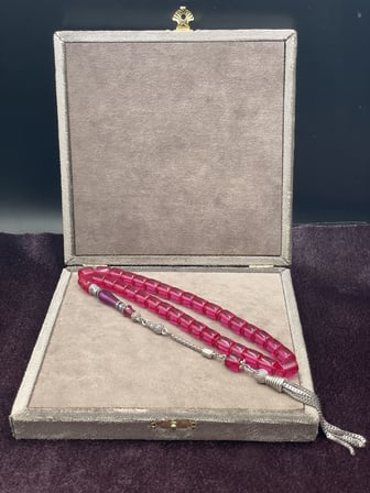 Alpaka Nakkaş İmameli Pembe Ateş Kehribar Tesbih (9x10 mm)