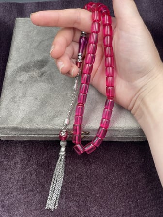 Alpaka Nakkaş İmameli Pembe Ateş Kehribar Tesbih (9x10 mm)