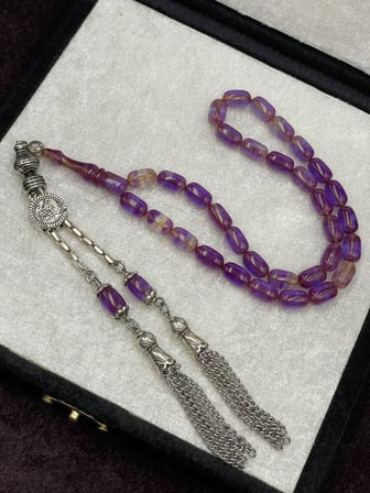 Alpaka Tuğralı Asansör Püsküllü İspirto Yansımalı Ateş Kehribar Tesbih (7x11 mm)