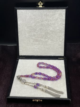 Alpaka Tuğralı Asansör Püsküllü İspirto Yansımalı Ateş Kehribar Tesbih (7x11 mm)