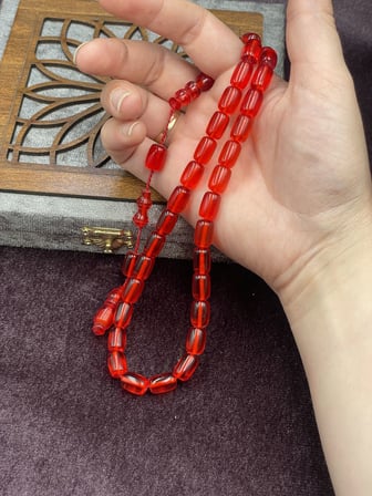 Sistemli Kırmızı Ateş Kehribar Tesbih (8x12 mm)