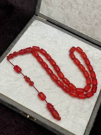 Sistemli Kırmızı Ateş Kehribar Tesbih (8x12 mm)
