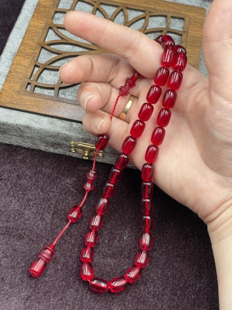 Sistemli Tane Sonlu Koyu Kırmızı Ateş Kehribar Tesbih (8x12 mm)