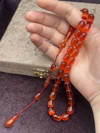 Ömer Sarı Usta İşi Sistemli Kapsül Kesim Turuncu Ateş Kehribar Tesbih (8x12 mm)