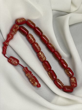 Efe Boy Altın Renkli Simli Kırmızı Ateş Kehribar Tesbih (10x16 mm)
