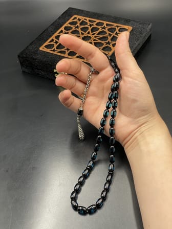 Onurlu Tesbihane Çift Renk Beyrut Tesbih Mavi 6,5x11 mm Kapsül Kesim Erkek Tesbihi