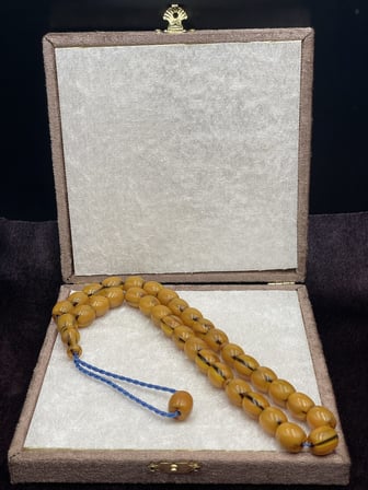Helezon Hareli Osmanlı Benzetme Çubuk Sıkma Kehribar Tesbih (12x14 mm)