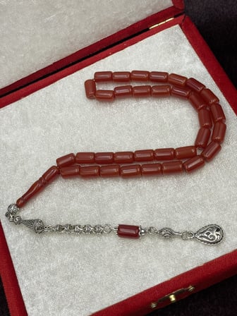 Alpaka Damla Uçlu Koyu Kızıl Osmanlı Benzetme Çubuk Sıkma Tesbih (7x11 mm)