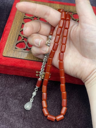 Alpaka Damla Uçlu Koyu Kızıl Osmanlı Benzetme Çubuk Sıkma Tesbih (7x11 mm)