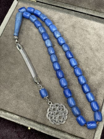 Alpaka Kazak Düğümü Uçlu Mavi Kanayan Baga Katalin Tesbih (10x8 mm)