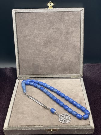 Alpaka Kazak Düğümü Uçlu Mavi Kanayan Baga Katalin Tesbih (10x8 mm)
