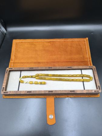 Usta İmzalı Osmanlı Benzetme Sıkma Kehribar Tesbih (Muhammed Dabbas, Hardal Sarısı, 9x7 mm)