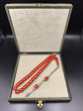 Osmanlı Benzetme Sıkma Kehribar Tesbih (Ateş Kırmızısı, 9x10 mm)