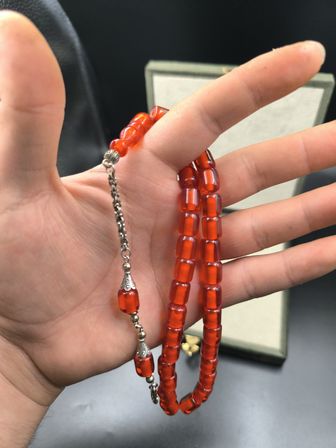 Osmanlı Benzetme Sıkma Kehribar Tesbih (Ateş Kırmızısı, 9x10 mm)