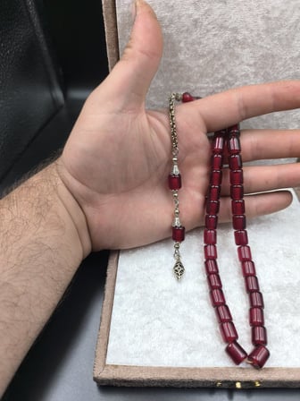 Osmanlı Benzetme Sıkma Kehribar Tesbih (Bordo, 10x9 mm)