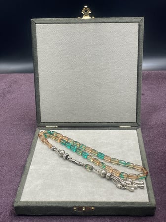 Alpaka Damla Uçlu Karışık Sıkma-Ateş Kehribar Tesbih (Bal-Turkuaz, 7x11 mm)