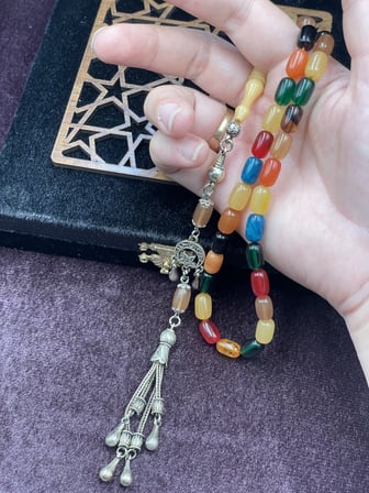 Alpaka Ay-Yıldızlı Çok Renkli Karışık Bonibon Tesbih (7x11 mm)
