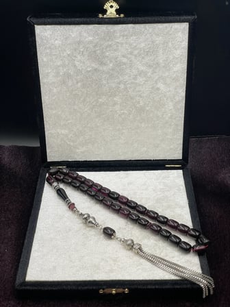 Alpaka Nakkaş İmameli Koyu Mürdüm Sıkma Kehribar Tesbih (9x11 mm)