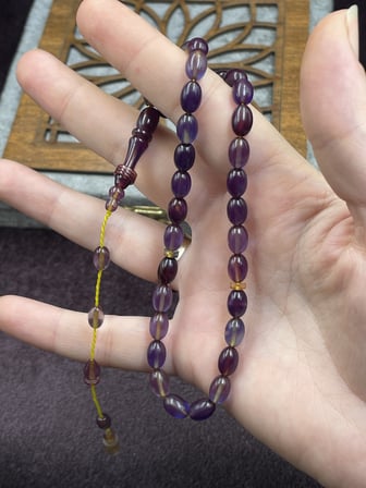 Salih Şirin Halkalı İmame Badem Kesim Lila Mor Sıkma Kehribar Tesbih (6x8 mm)