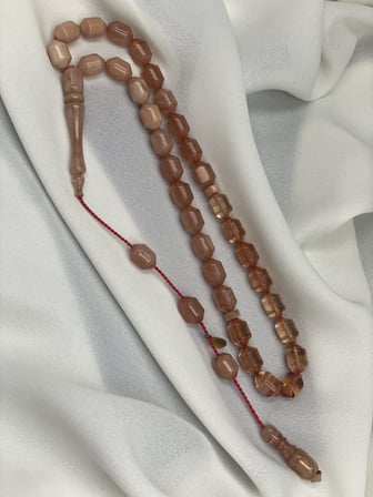 Ayhan Turan İmzalı El Boy Kapsül Somon Pembesi Sıkma Kehribar Tesbih (7x10 mm)