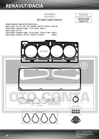 Oto Conta 40108903 Üst Takım Contası Skt Kecelı Logan 1.4 1.6 K7J K7M