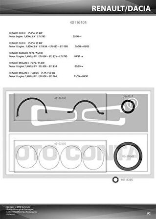 Oto Conta 40116104 Alt Takım Contası Clıo Iı-Kng 1.4 E7J 624-626-634-635-780 Kecelı