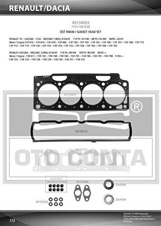 Oto Conta 40134003 Üst Takım Contası Lgn 1.8-2.0 Kecelı Skc Std Subap Lastıklı