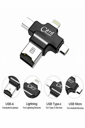 4 in 1 Type C Android iPhone iPad Lightning Micro USB TF Kart Okuyucu OTG