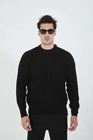 Erkek Oversize Triko Kazak Bisiklet Yaka Basic Düz Renk