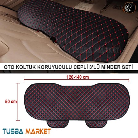 Oto Koltuk Koruyucu Cepli Üçlü Minder Seti / Lüks Kapitone Siyah Deri & Kırmızı Nakışlı 