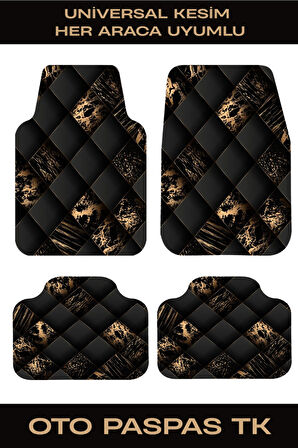 Dekoratif Oto Paspas Takımı – Universal Kesim Siyah Altın Desen 4 Parça Araba Paspası