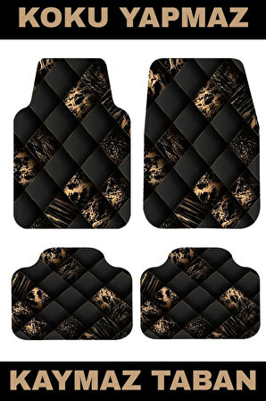 Dekoratif Oto Paspas Takımı – Universal Kesim Siyah Altın Desen 4 Parça Araba Paspası