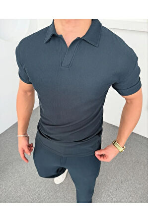 Erkek Fitilli Kumaş Regular Fit Ottoman Kalite Organik Pamuklu Polo Yaka Tshirt ve Eşofman Alt Takım