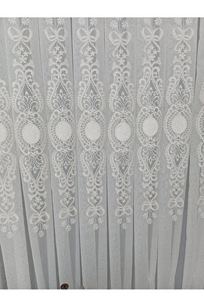 Ottoman Beyaz Ekru Kort Nakılşlı Salon 3kat Pileli Tül Perde