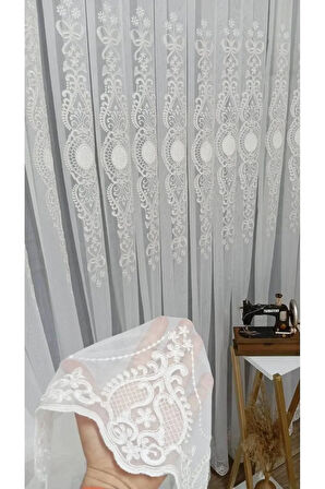 Ottoman Beyaz Ekru Kort Nakılşlı Salon 3kat Pileli Tül Perde