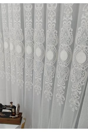 Ottoman Beyaz Ekru Kort Nakılşlı Salon 3kat Pileli Tül Perde