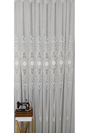 Ottoman Beyaz Ekru Kort Nakılşlı Salon 3kat Pileli Tül Perde