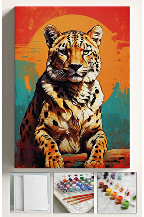 Sayılarla Boyama Hobi Seti Çerçeveli Numaralı Tuval Fırça Boya Dahil Kasnaklı OTURAN LEOPAR 40x50 Cm
