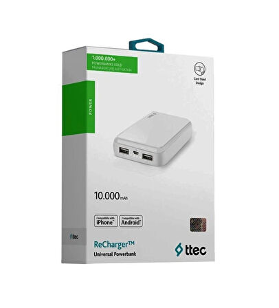 OUTLET Ttec ReCharger S 2A Powerbank 10000 mAh Beyaz - 2BB174B OUTLET