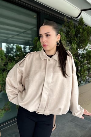 Prifaldi Premium Oversize BEJ Süet Bomber Ceket