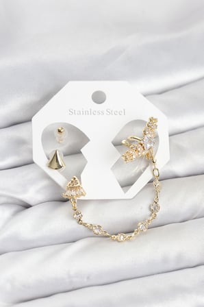 Pirinç Gold Renk Yıldızlı Model Zincir Bağlantılı Ear Cuff Küpe Seti 5886