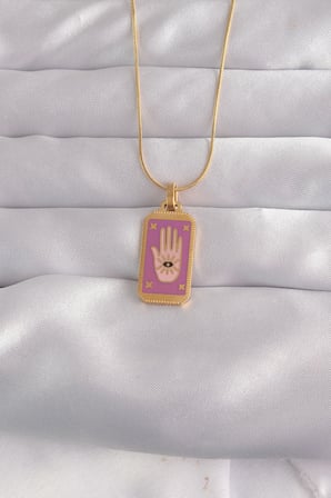 316L Çelik Gold Renk Mor Mineli El Figür Tarot Kolye 5886