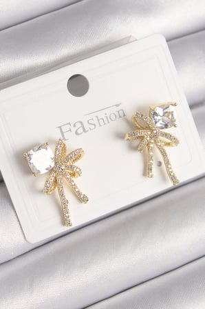 Pirinç Gold Renk Zirkon Taşlı Kurdele Model Kadın Küpe 5886